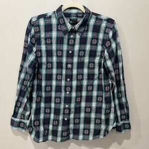 Talbots Snowflake Jacquard Plaid Button-Up Long Sleeve Shirt Medium Winter Xmas